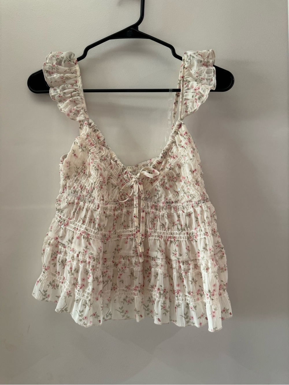 Smocked Ruffle-Strap Camisole - Cream with Pink Floral